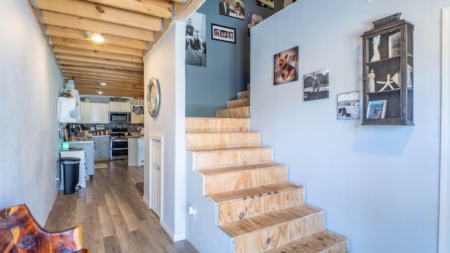 stairs featuring wood finished floors
