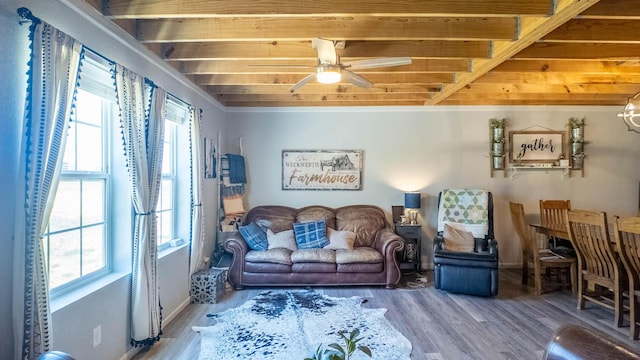 living area with baseboards, plenty of natural light, ceiling fan, and wood finished floors