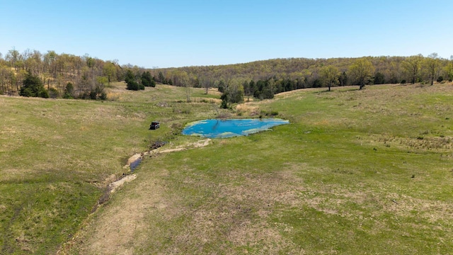 bird's eye view with a wooded view