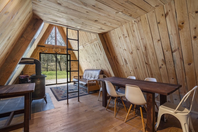 118 Bethel Rd, Long Lane, MO 65590 - interior space with hardwood / wood-style flooring, wooden ceiling, wood walls, and vaulted ceiling