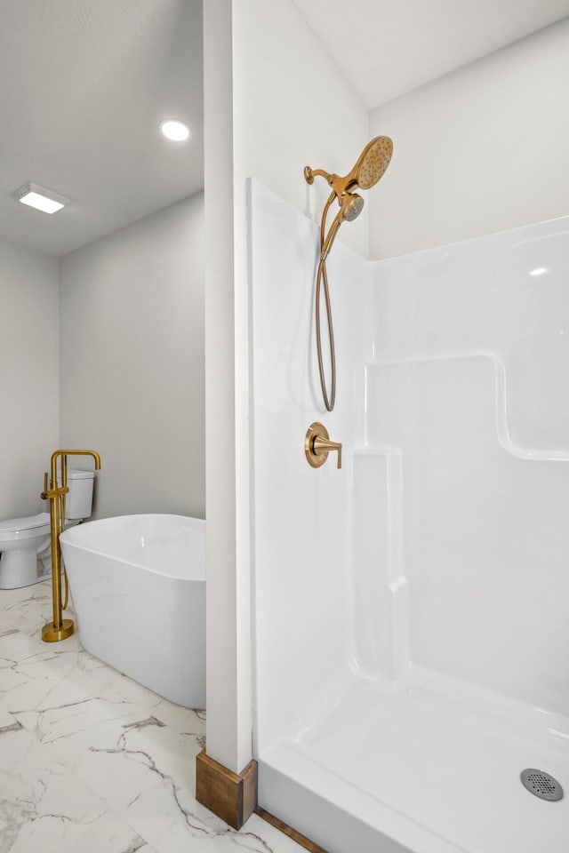 10560 State Highway U, Rogersville, MO 65742 - full bathroom featuring a shower, marble finish flooring, a freestanding tub, and recessed lighting