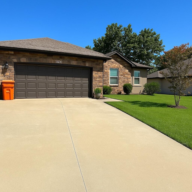 2116 W Mcclernon St, Springfield, MO 65803 - ranch-style house featuring stone siding, driveway, a garage, and a front lawn