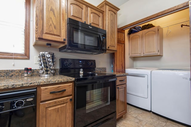 24 Village Trl Unit 5-8, Branson, MO 65616 - kitchen with black appliances, washing machine and clothes dryer, dark stone countertops, and brown cabinets