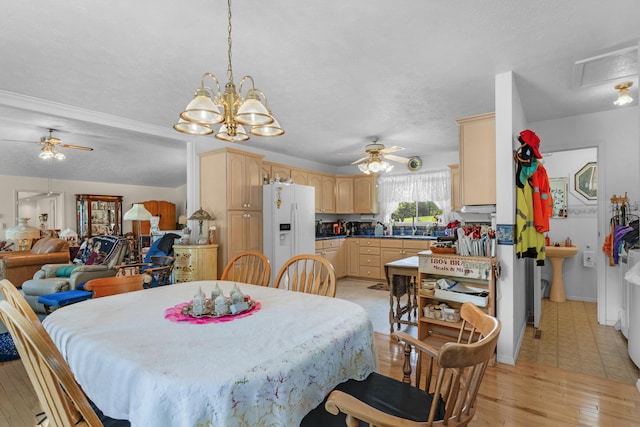 dining room with ceiling fan with notable chandelier, light wood-type flooring, and a textured ceiling