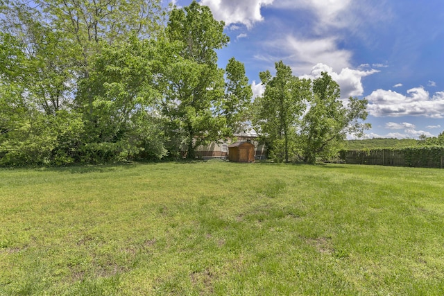 view of yard with a storage unit, fence, and an outbuilding