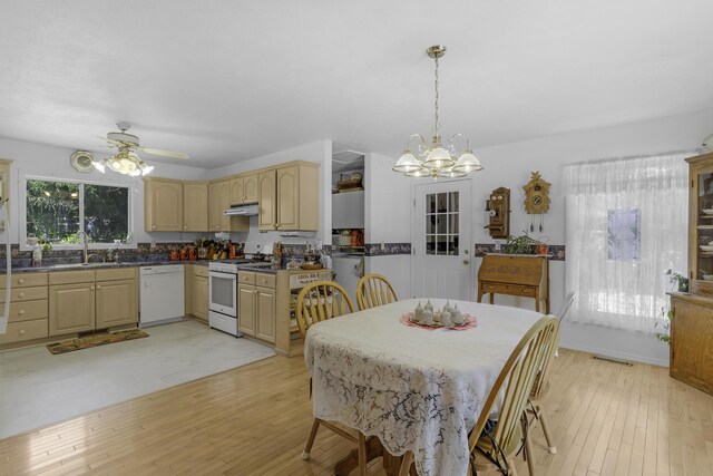 335 State Highway 265, Hollister, MO 65672 - dining room with light wood-type flooring, a chandelier, and a ceiling fan