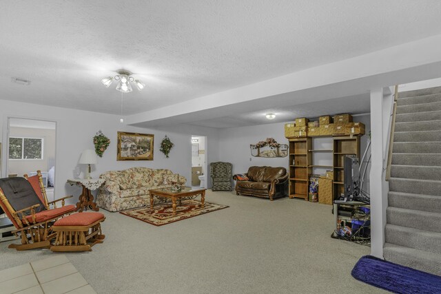 335 State Highway 265, Hollister, MO 65672 - living room featuring stairway, a textured ceiling, and carpet