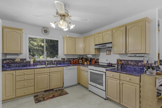 335 State Highway 265, Hollister, MO 65672 - kitchen with white appliances, a sink, light brown cabinets, under cabinet range hood, and light marble finish flooring