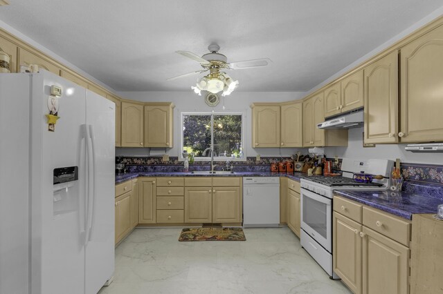 335 State Highway 265, Hollister, MO 65672 - kitchen featuring white appliances, under cabinet range hood, a sink, and light brown cabinets