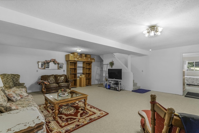 335 State Highway 265, Hollister, MO 65672 - living area featuring carpet flooring, stairs, and a textured ceiling