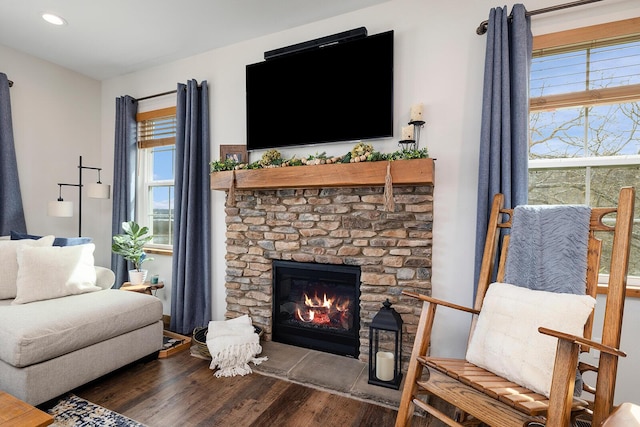 living area featuring a stone fireplace, a healthy amount of sunlight, wood finished floors, and recessed lighting