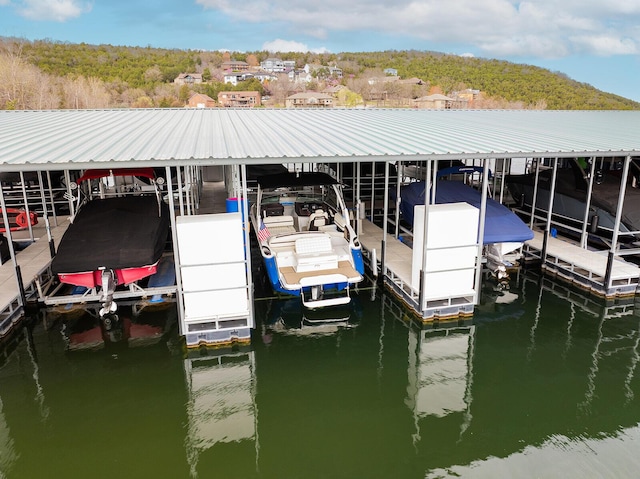 view of dock with boat lift and a water view