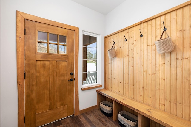 mudroom featuring baseboards and dark wood-style flooring