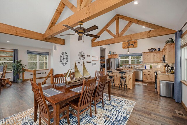dining room with visible vents, beam ceiling, recessed lighting, and ceiling fan