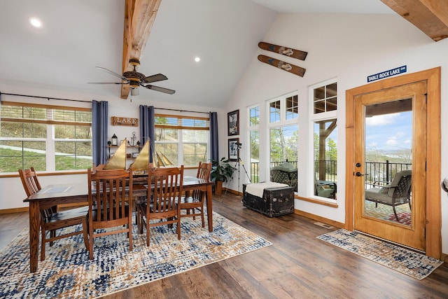 dining room featuring high vaulted ceiling, baseboards, a ceiling fan, and wood finished floors