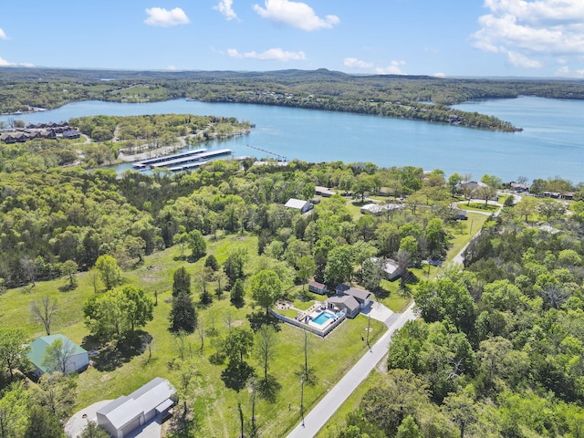 drone / aerial view featuring a forest view and a water view