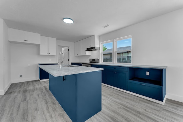 kitchen featuring under cabinet range hood, a sink, stainless steel electric stove, and light wood-style floors