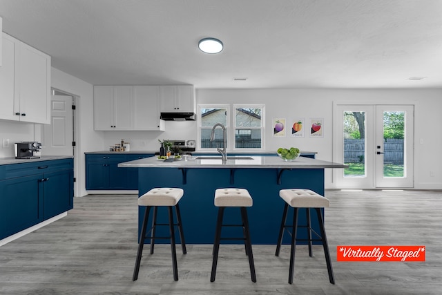 kitchen featuring a sink, a breakfast bar, plenty of natural light, and light wood-style floors