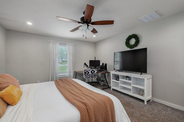 bedroom featuring a ceiling fan, carpet, baseboards, visible vents, and recessed lighting