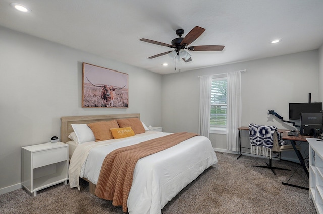carpeted bedroom with a ceiling fan, baseboards, and recessed lighting