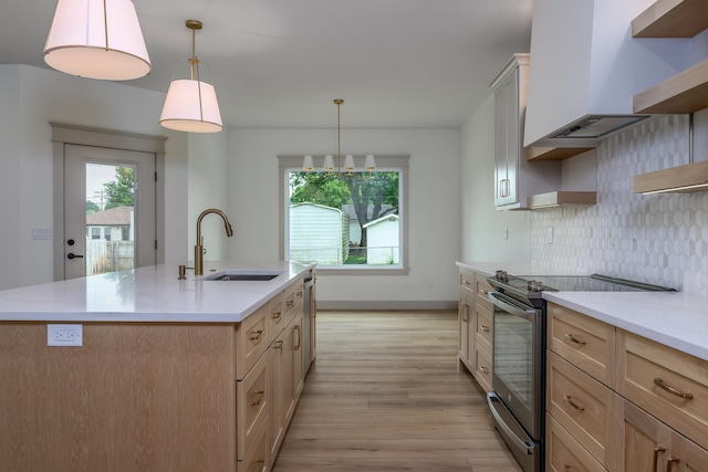 3800 W Broadmoor St, Springfield, MO 65807 - kitchen with stainless steel range with electric stovetop, open shelves, light wood-style floors, premium range hood, and light countertops