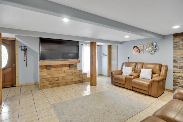 living area with baseboards, beam ceiling, recessed lighting, tile patterned floors, and stairs