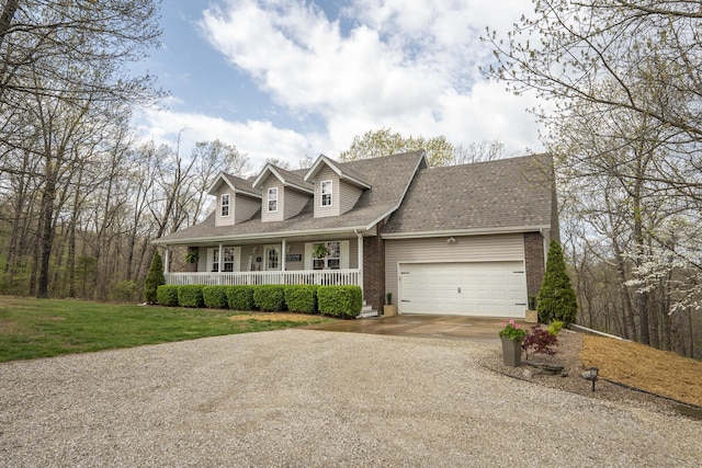 50 Tall Tree Dr, Strafford, MO 65757 - cape cod-style house featuring a front lawn, a shingled roof, a porch, a garage, and gravel driveway