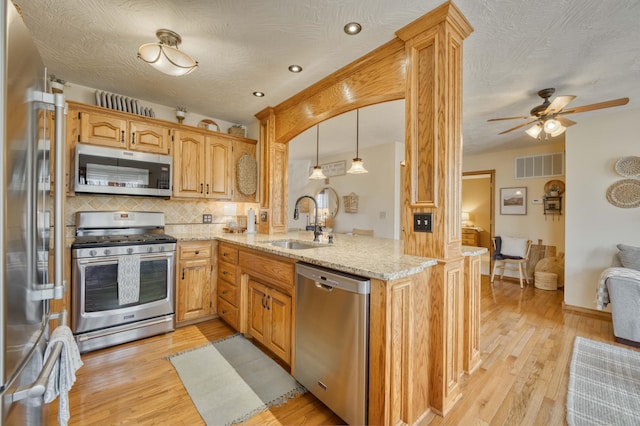 50 Tall Tree Dr, Strafford, MO 65757 - kitchen featuring light wood finished floors, light stone counters, a sink, and appliances with stainless steel finishes