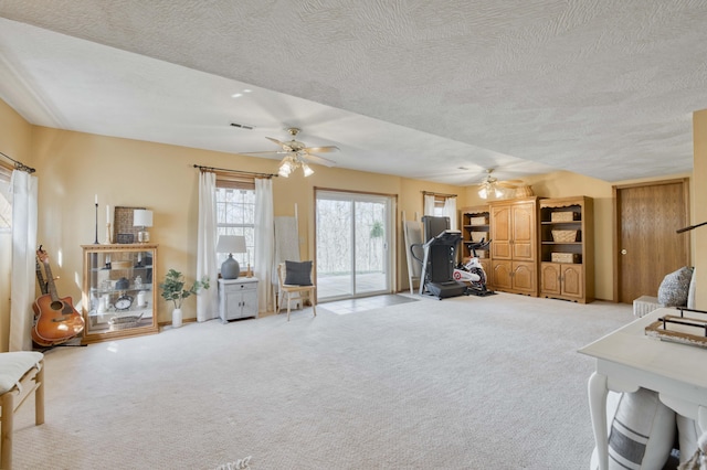 50 Tall Tree Dr, Strafford, MO 65757 - living area featuring a textured ceiling, a ceiling fan, and light carpet
