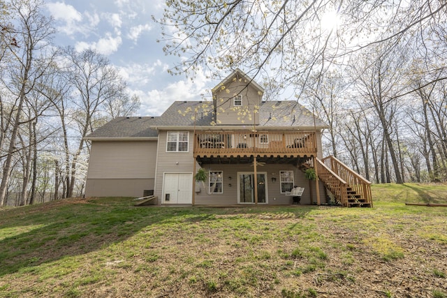 50 Tall Tree Dr, Strafford, MO 65757 - back of house with a lawn, a wooden deck, and stairway