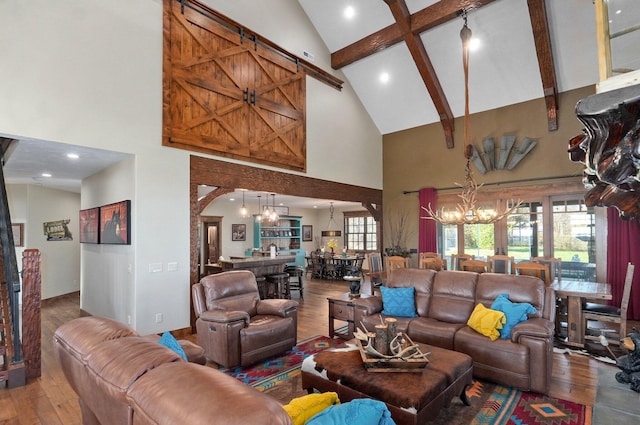231 Cedar Stone, Ozark, MO 65721 - living area with a chandelier, wood-type flooring, high vaulted ceiling, and beamed ceiling