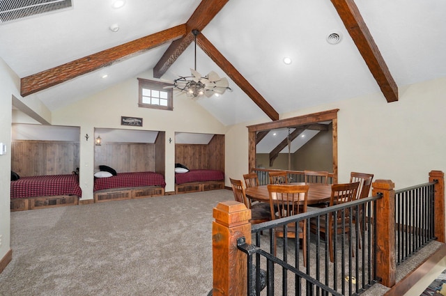 231 Cedar Stone, Ozark, MO 65721 - bedroom with high vaulted ceiling, visible vents, beamed ceiling, and carpet