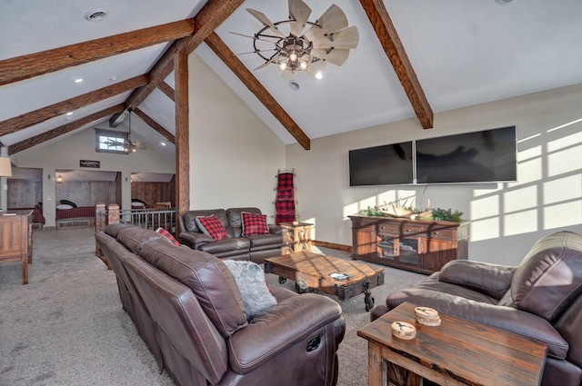 231 Cedar Stone, Ozark, MO 65721 - living room with visible vents, carpet floors, beam ceiling, high vaulted ceiling, and ceiling fan