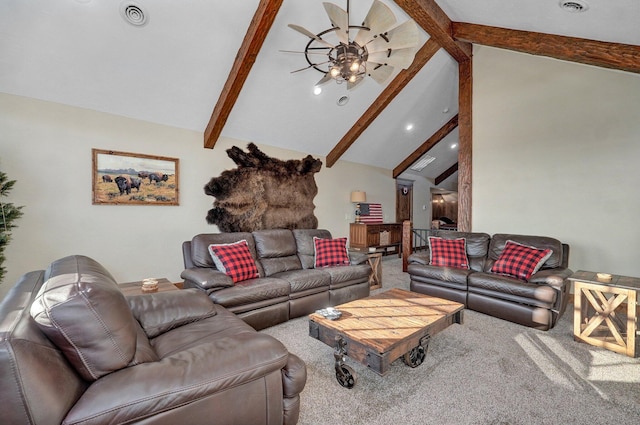231 Cedar Stone, Ozark, MO 65721 - living room with ceiling fan, carpet flooring, beam ceiling, and visible vents