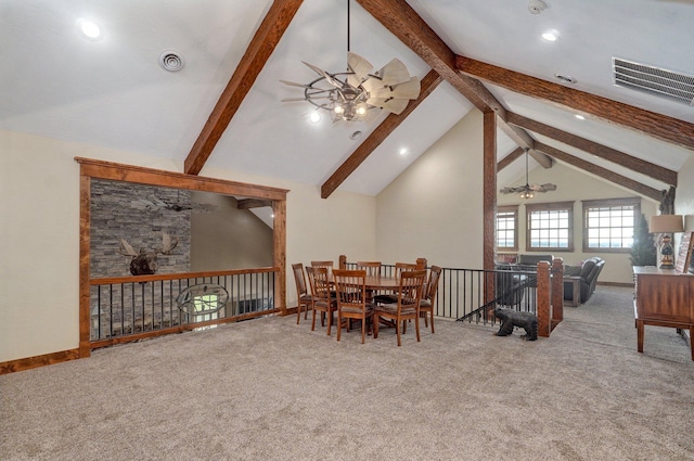 231 Cedar Stone, Ozark, MO 65721 - carpeted dining room with ceiling fan, lofted ceiling with beams, visible vents, and recessed lighting