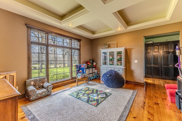 19800 Providence Dr, Lebanon, MO 65536 - recreation room with hardwood / wood-style flooring, coffered ceiling, and beam ceiling