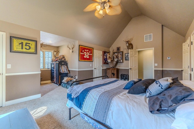 19800 Providence Dr, Lebanon, MO 65536 - bedroom featuring carpet flooring, vaulted ceiling, visible vents, baseboards, and a ceiling fan