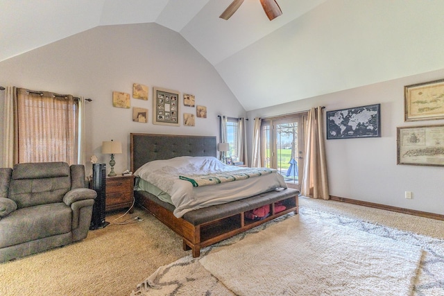 19800 Providence Dr, Lebanon, MO 65536 - bedroom with high vaulted ceiling, a ceiling fan, light colored carpet, baseboards, and access to exterior