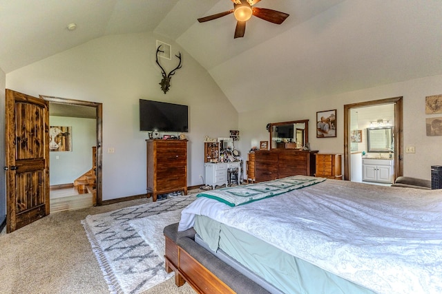 19800 Providence Dr, Lebanon, MO 65536 - carpeted bedroom featuring a ceiling fan, connected bathroom, and high vaulted ceiling