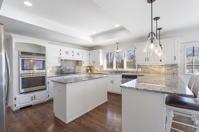 kitchen featuring white cabinets, a peninsula, a tray ceiling, a sink, and appliances with stainless steel finishes