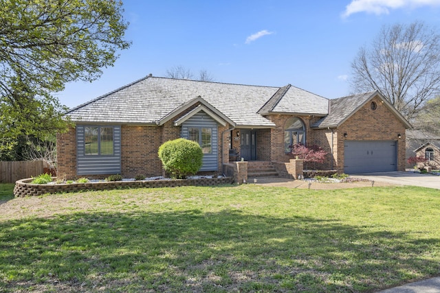 single story home with concrete driveway, a front lawn, fence, a garage, and brick siding