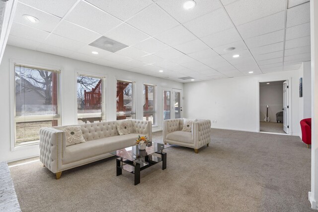 living room with a paneled ceiling and carpet flooring