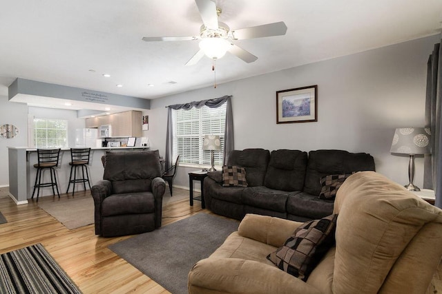 720 Fall Creek Dr Unit 3, Branson, MO 65616 - living room with a ceiling fan, light wood-style floors, baseboards, and recessed lighting