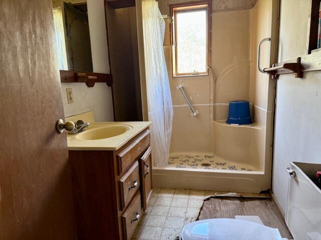 full bathroom with vanity and a stall shower