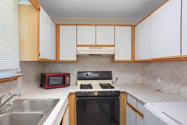 295 Glendale St, Rockaway Beach, MO 65740 - kitchen with light countertops, under cabinet range hood, range with gas stovetop, and a sink