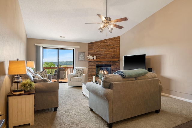 67 Port Dr Unit 7, Kimberling City, MO 65686 - living area with lofted ceiling, ceiling fan, visible vents, carpet floors, and a stone fireplace