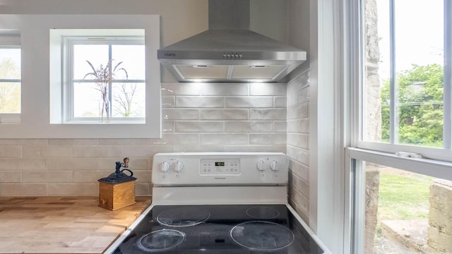 room details with tasteful backsplash, white electric stove, and wall chimney exhaust hood