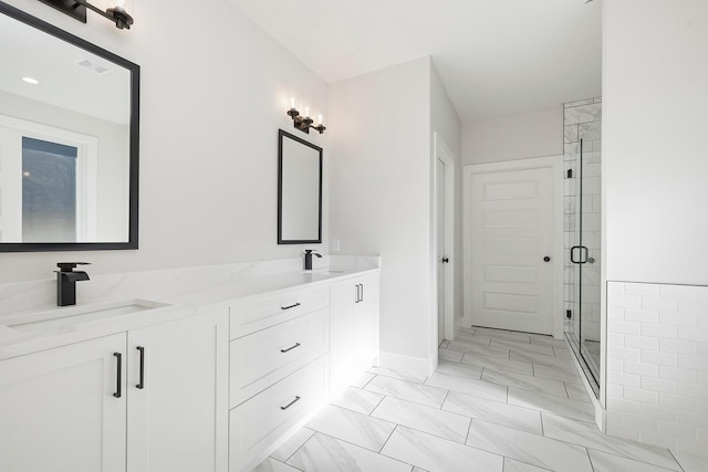 5913 S Clay Ave, Springfield, MO 65810 - full bathroom featuring a shower stall, a sink, double vanity, baseboards, and marble finish floor