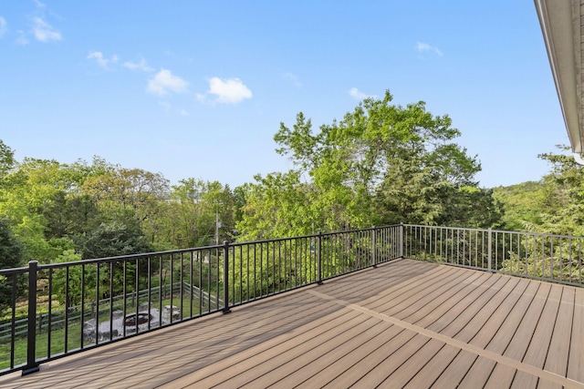 wooden terrace with a view of trees