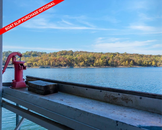 view of dock with a view of trees and a water view